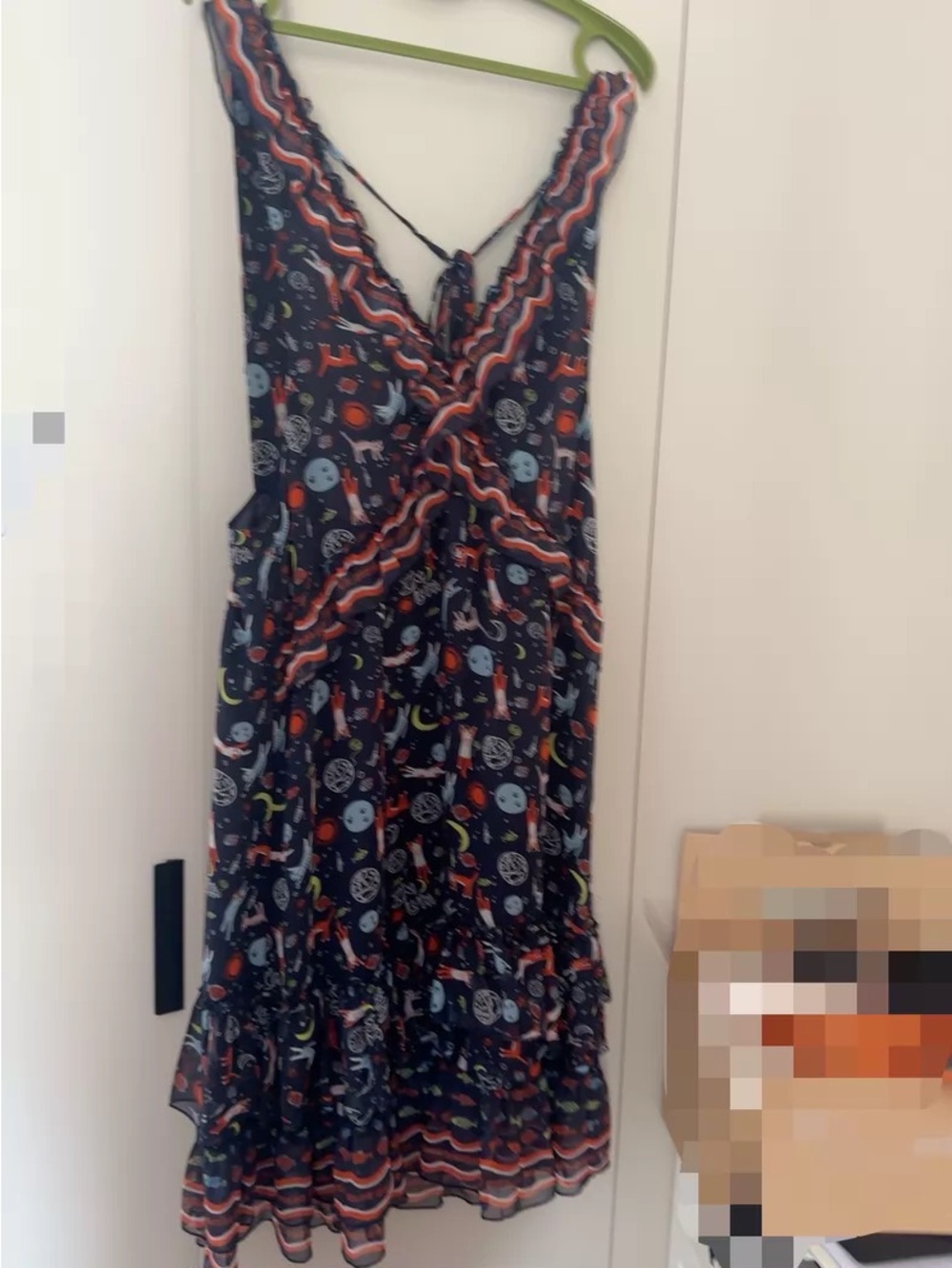 Navy Patterned V-Neck Sundress with Whimsical Print
